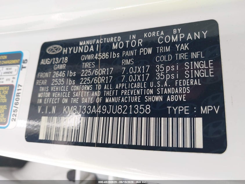 2018 Hyundai Tucson VIN KM8J33A49JU821358 IAAI salvage auction — NORMAL WEAR, Clear (North Carolina), sold $5,250 on 2026-07-08 (photo 9)
