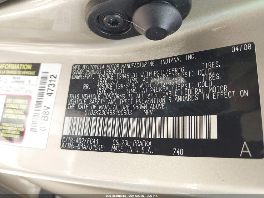 2008 Toyota Sienna VIN 5TDZK23C48S190803 IAAI salvage auction — NORMAL WEAR, Clear (Georgia), sold $650 on 2026-07-21 (photo 9)