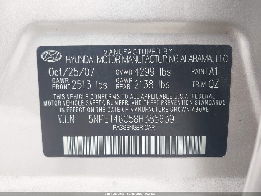 2008 Hyundai Sonata VIN 5NPET46C58H385639 IAAI salvage auction — THEFT, Salvage (California), sold $425 on 2026-07-16 (photo 9)