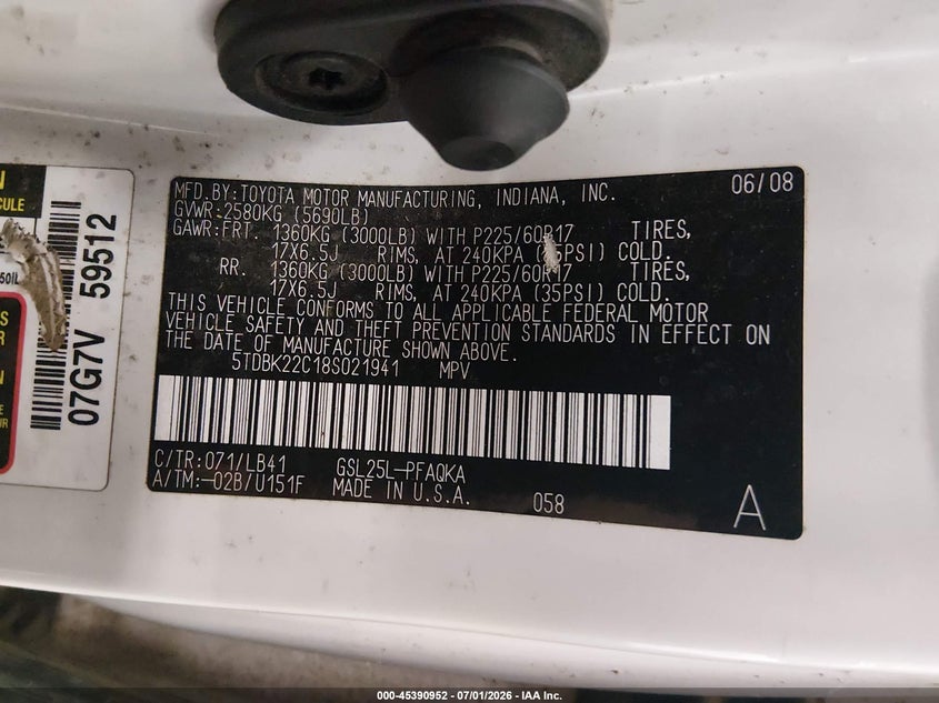 2008 Toyota Sienna VIN 5TDBK22C18S021941 IAAI salvage auction — NORMAL WEAR, Clear (Colorado), sold $400 on 2026-07-28 (photo 9)
