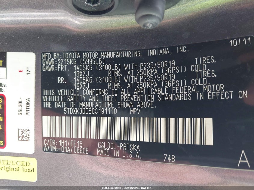 2012 Toyota Sienna VIN 5TDXK3DC5CS191110 IAAI salvage auction — HAIL, Original (Texas), sold $3,650 on 2026-07-24 (photo 9)