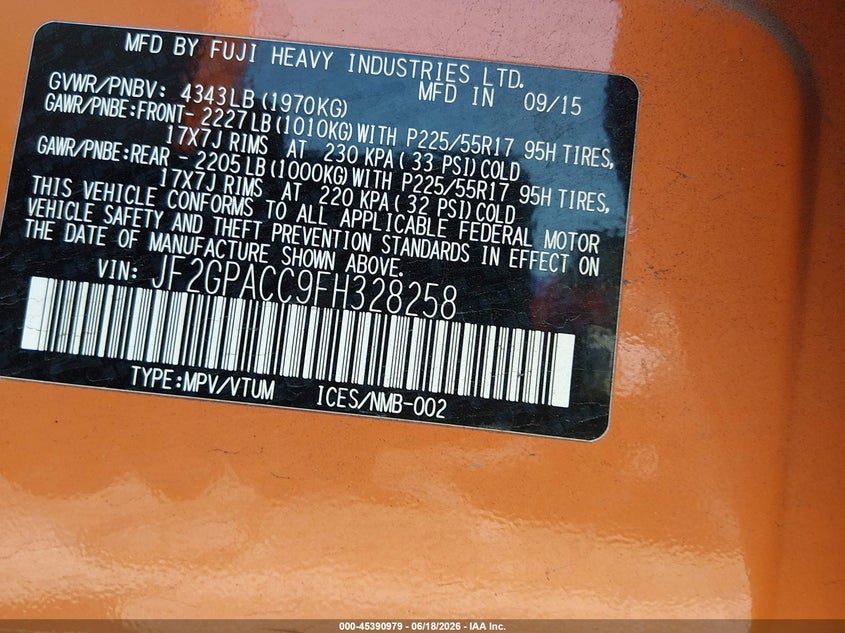 2015 Subaru Xv VIN JF2GPACC9FH328258 IAAI salvage auction — NORMAL WEAR, Clear (Utah), sold $775 on 2026-07-17 (photo 9)