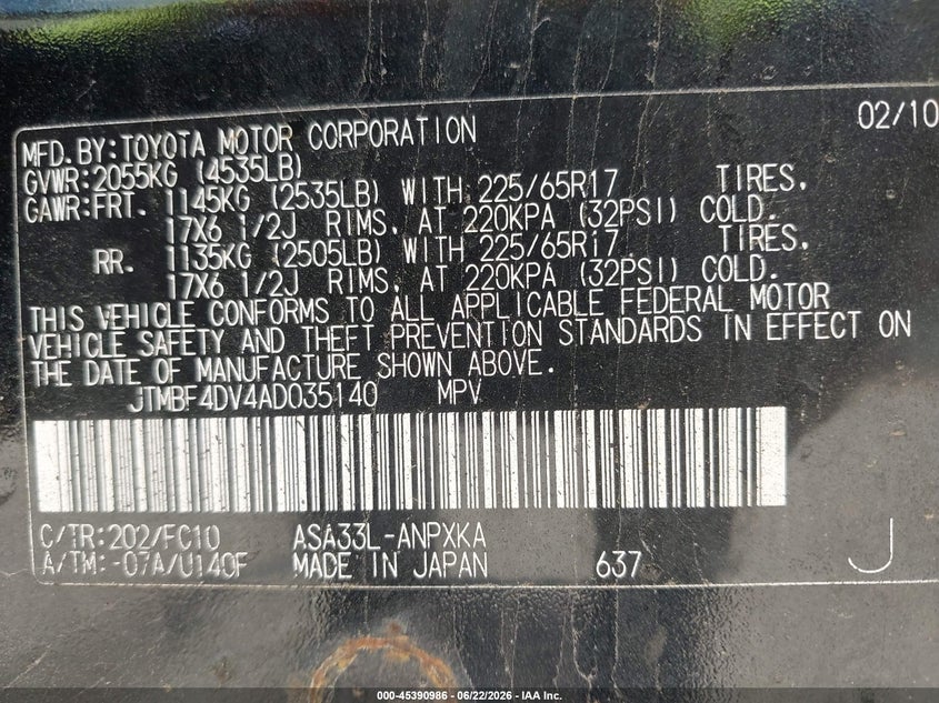 2010 Toyota Rav4 VIN JTMBF4DV4AD035140 IAAI salvage auction — NORMAL WEAR, Clear-Endorsement (Wisconsin), sold $750 on 2026-07-16 (photo 9)