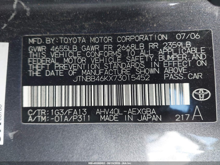 2007 Toyota Camry hybrid VIN JTNBB46KX73015452 IAAI salvage auction — NORMAL WEAR, Original (Ohio), sold $550 on 2026-07-24 (photo 9)