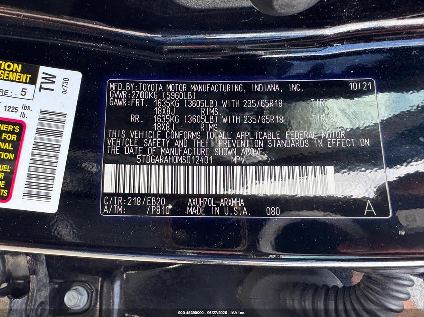 2021 Toyota Highlander VIN 5TDGARAH0MS012401 IAAI salvage auction — UNKNOWN, Clear (Illinois), sold $9,000 on 2026-07-19 (photo 9)