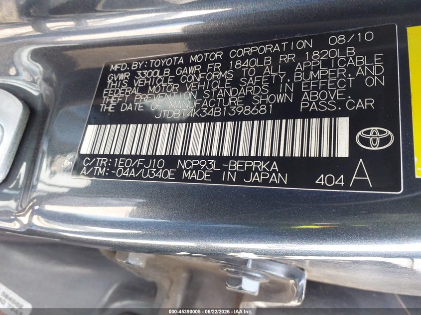 2011 Toyota Yaris VIN JTDBT4K34B1398681 IAAI salvage auction — NORMAL WEAR, Clear (Illinois), sold $725 on 2026-07-27 (photo 9)