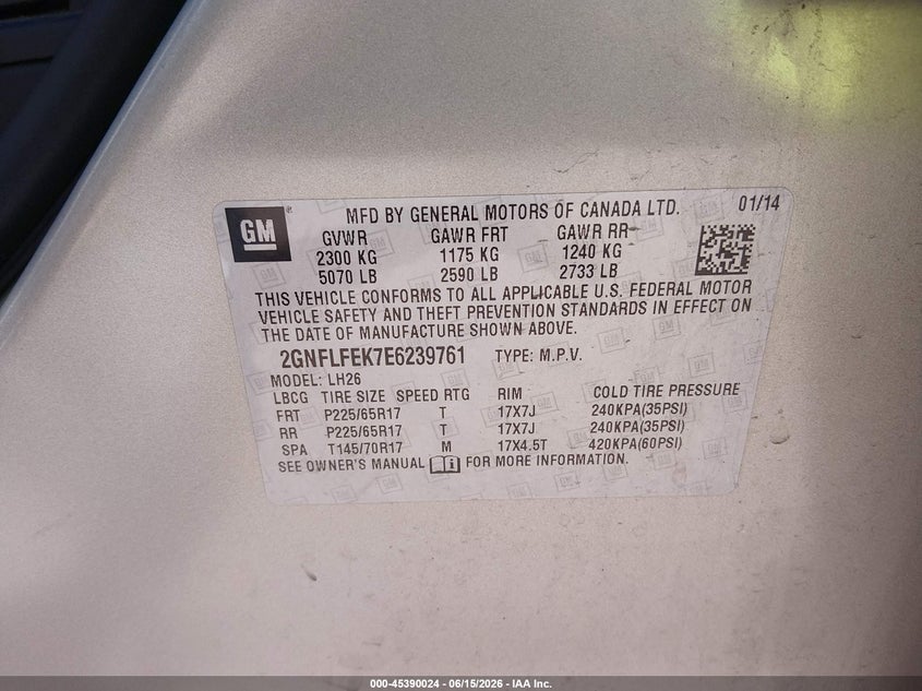 2014 Chevrolet Equinox VIN 2GNFLFEK7E6239761 IAAI salvage auction — NORMAL WEAR, Certificate Of Title (Nebraska), sold $850 on 2026-07-17 (photo 9)