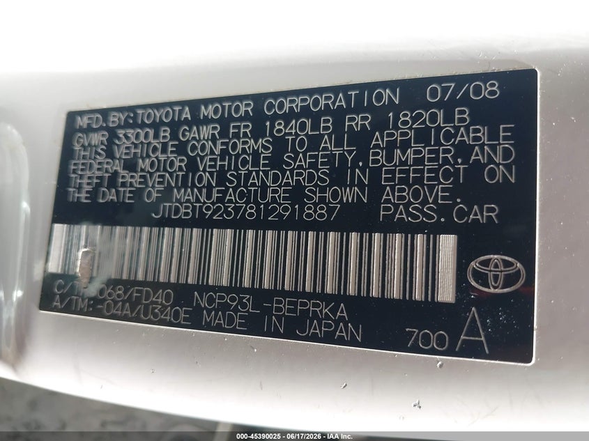 2008 Toyota Yaris VIN JTDBT923781291887 IAAI salvage auction — NORMAL WEAR, Clear (Florida), sold $575 on 2026-07-22 (photo 9)