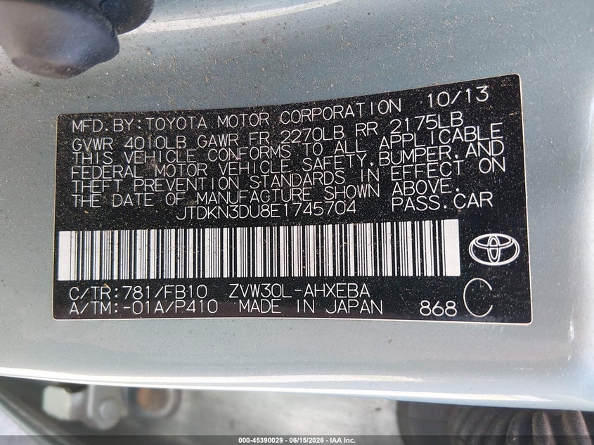 2014 Toyota Prius VIN JTDKN3DU8E1745704 IAAI salvage auction — NORMAL WEAR, Clear (Connecticut), sold $2,050 on 2026-07-09 (photo 9)