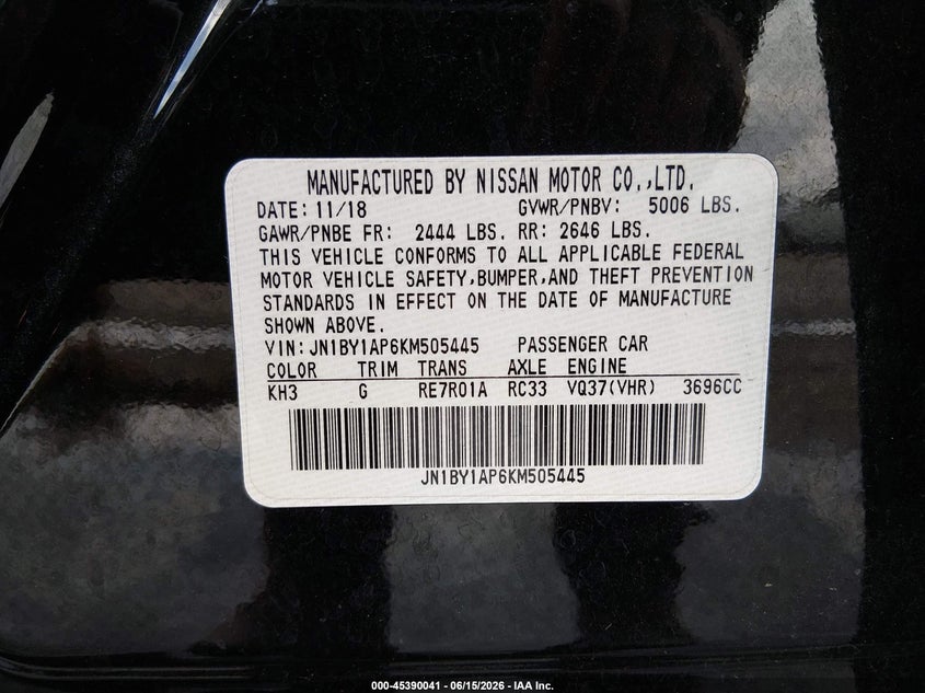2019 Infiniti Q70 VIN JN1BY1AP6KM505445 IAAI salvage auction — VANDALISM, Salvage (Louisiana), sold $1,900 on 2026-07-27 (photo 9)