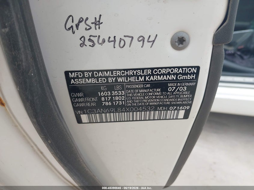 2004 Chrysler Crossfire VIN 1C3AN69L84X004532 IAAI salvage auction — NORMAL WEAR, Original (Texas), sold $175 on 2026-07-09 (photo 9)