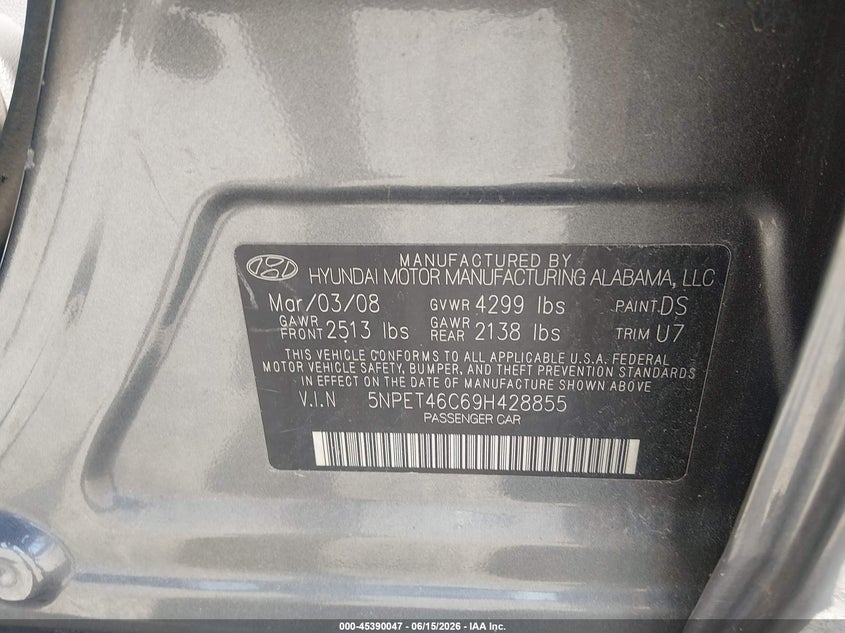 2009 Hyundai Sonata VIN 5NPET46C69H428855 IAAI salvage auction — NORMAL WEAR, Clear (Pennsylvania), sold $525 on 2026-07-30 (photo 9)
