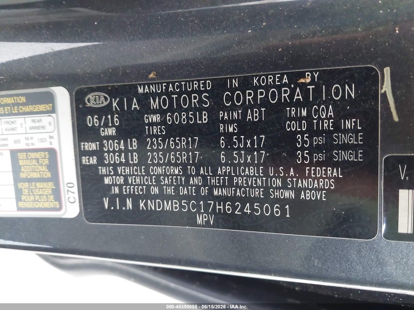 2017 Kia SEDONA VIN KNDMB5C17H6245061 IAAI salvage auction — NORMAL WEAR, Clear (Florida), sold $975 on 2026-07-22 (photo 9)