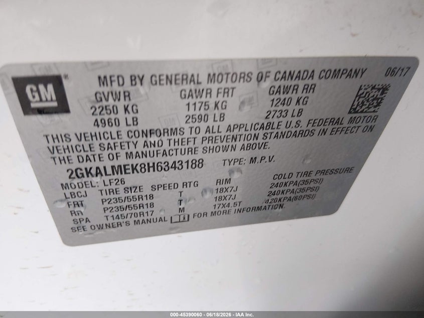 2017 Gmc Terrain VIN 2GKALMEK8H6343188 IAAI salvage auction — HAIL, Wait Title, sold $2,300 on 2026-08-28 (photo 9)