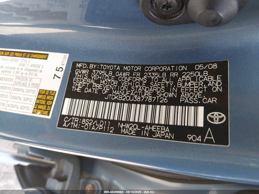 2008 Toyota Prius VIN JTDKB20U387787126 IAAI salvage auction — NORMAL WEAR, Clear (Indiana), sold $600 on 2026-07-15 (photo 9)