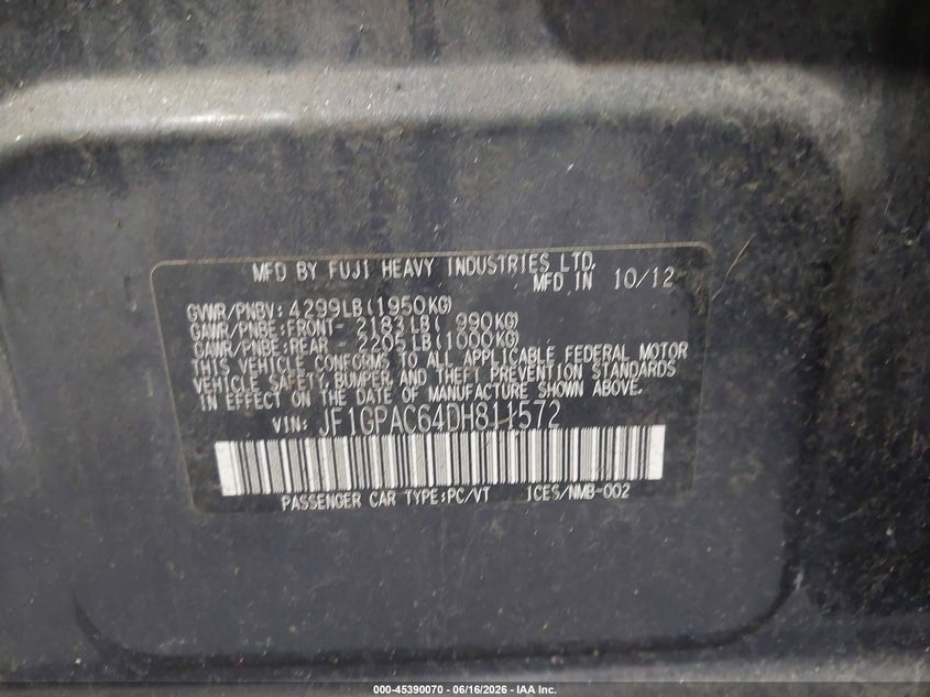 2013 Subaru Impreza VIN JF1GPAC64DH811572 IAAI salvage auction — BIO HAZARD, Clear (New York), sold $400 on 2026-07-08 (photo 9)