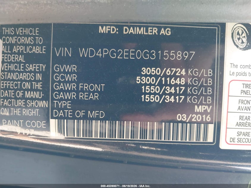2016 Mercedes-benz Metris VIN WD4PG2EE0G3155897 IAAI salvage auction — NORMAL WEAR, Clear (Florida), sold $5,775 on 2026-07-16 (photo 9)