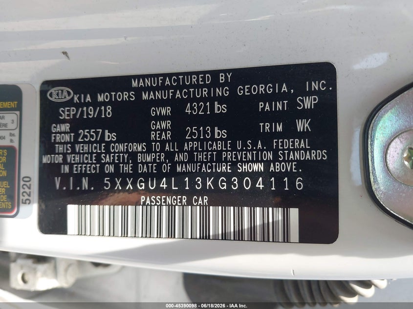 2019 Kia Optima VIN 5XXGU4L13KG304116 IAAI salvage auction — NORMAL WEAR, Clear - Dealer Only (California), sold $3,150 on 2026-07-21 (photo 9)