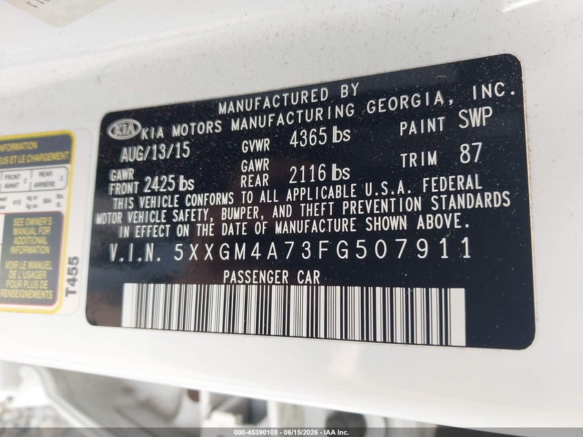 2015 Kia Optima VIN 5XXGM4A73FG507911 IAAI salvage auction — FRONT END, Clear (Virginia), sold $600 on 2026-07-14 (photo 9)