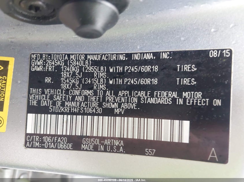 2015 Toyota Highlander VIN 5TDZKRFH4FS106430 IAAI salvage auction — ALL OVER, Salvage (Louisiana), sold $500 on 2026-07-21 (photo 9)