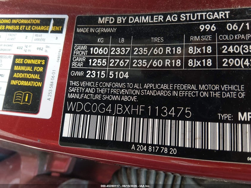2017 Mercedes-benz Glc VIN WDC0G4JBXHF113475 IAAI salvage auction — FRONT END, Salvage (Virginia), sold $5,000 on 2026-07-16 (photo 9)
