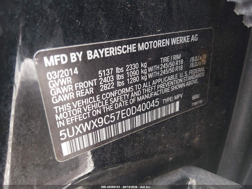 2014 BMW X3 VIN 5UXWX9C57E0D40045 IAAI salvage auction — LEFT FRONT, Repossession Paperwork (Georgia), sold $1,950 on 2026-07-13 (photo 9)