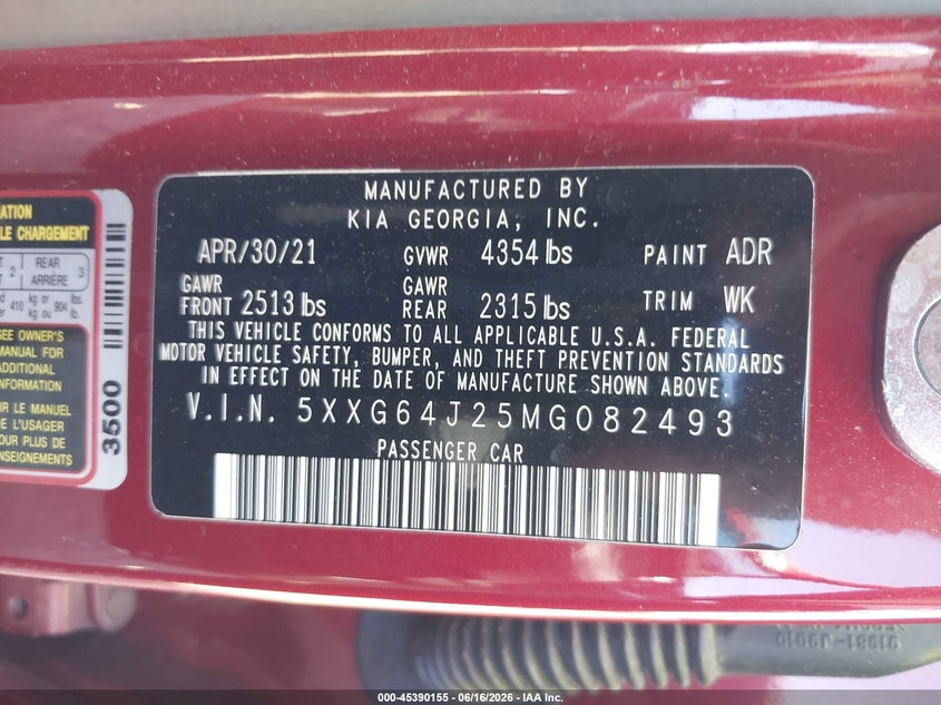 2021 Kia K5 VIN 5XXG64J25MG082493 IAAI salvage auction — LEFT & RIGHT, Salvage (Virginia), sold $5,800 on 2026-07-21 (photo 9)