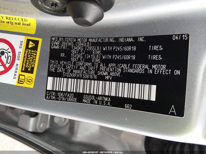 2015 Toyota Highlander VIN 5TDZKRFH1FS081616 IAAI salvage auction — NORMAL WEAR, Clear (Texas), sold $5,700 on 2026-07-23 (photo 9)