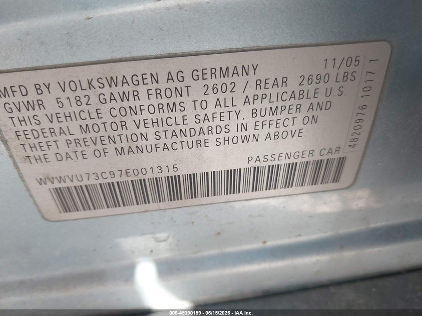 2007 Volkswagen Passat VIN WVWVU73C97E001315 IAAI salvage auction — NORMAL WEAR, Clear (Indiana), sold $450 on 2026-07-22 (photo 9)