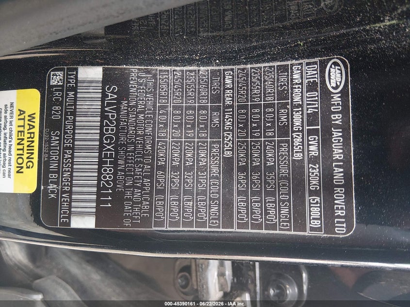 2014 Land rover Range rover evoque VIN SALVP2BGXEH882111 IAAI salvage auction — NORMAL WEAR, Clear (Louisiana), sold $625 on 2026-07-20 (photo 9)