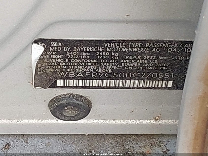 2011 BMW 5 series VIN WBAFR9C50BC270551 IAAI salvage auction — NORMAL WEAR, Clear (Georgia), sold $850 on 2026-07-29 (photo 9)