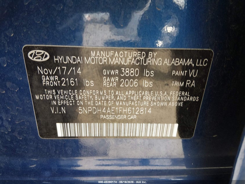 2015 Hyundai Elantra VIN 5NPDH4AE1FH612814 IAAI salvage auction — LEFT FRONT, Salvage Title, sold $1,350 on 2026-07-28 (photo 9)