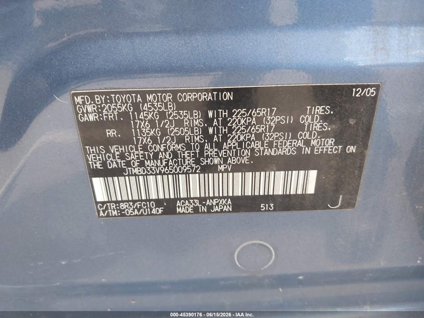 2006 Toyota Rav4 VIN JTMBD33V965009572 IAAI salvage auction — NORMAL WEAR, Clear (North Carolina), sold $1,000 on 2026-07-29 (photo 9)
