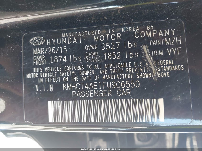 2015 Hyundai Accent VIN KMHCT4AE1FU906550 IAAI salvage auction — NORMAL WEAR, Clear (Florida), sold $625 on 2026-07-29 (photo 9)