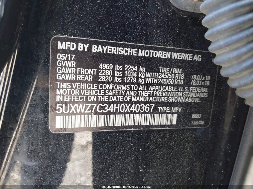 2017 BMW X3 VIN 5UXWZ7C34H0X40367 IAAI salvage auction — MECHANICAL, Clear (Georgia), sold $1,400 on 2026-07-24 (photo 9)