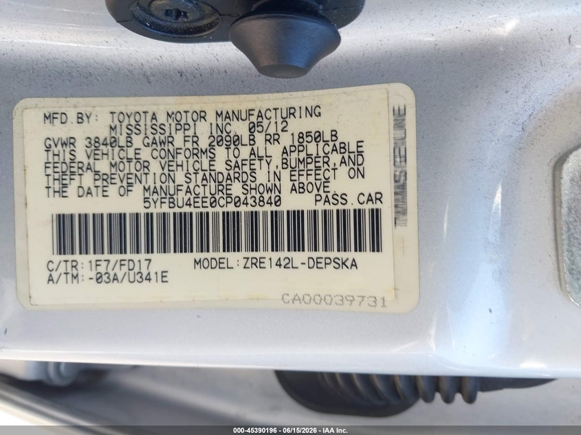 2012 Toyota Corolla VIN 5YFBU4EE0CP043840 IAAI salvage auction — NORMAL WEAR, Salvage (California), sold $1,850 on 2026-07-09 (photo 9)