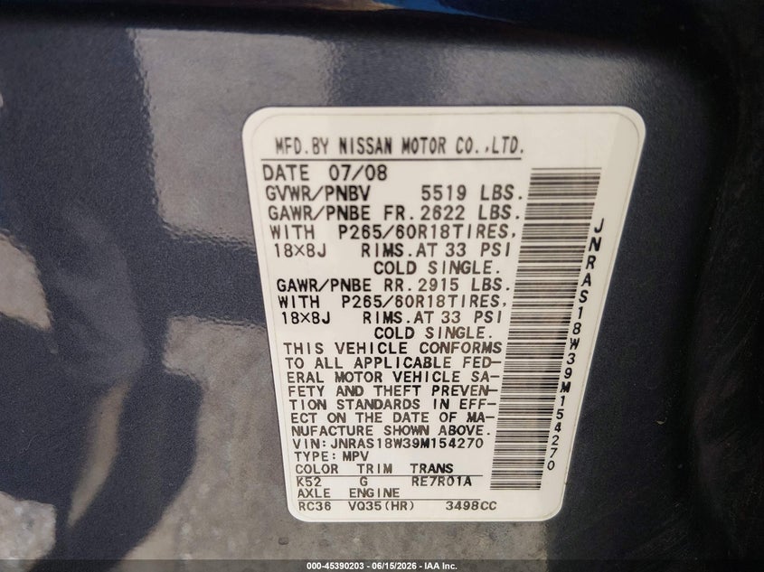 2009 Infiniti Fx35 VIN JNRAS18W39M154270 IAAI salvage auction — NORMAL WEAR, Certificate Of Title (Nebraska), sold $575 on 2026-07-30 (photo 9)