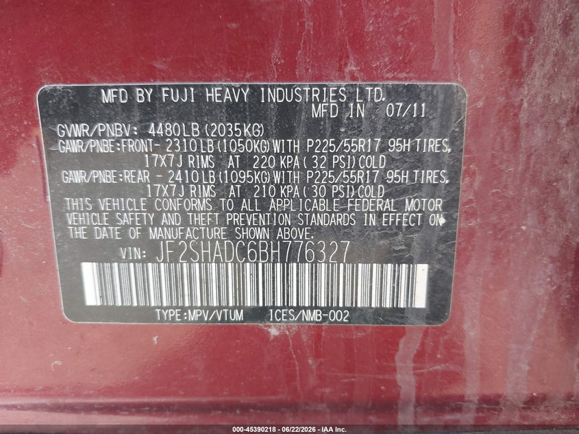 2011 Subaru Forester VIN JF2SHADC6BH776327 IAAI salvage auction — NORMAL WEAR, Clear (Idaho), sold $300 on 2026-07-21 (photo 9)