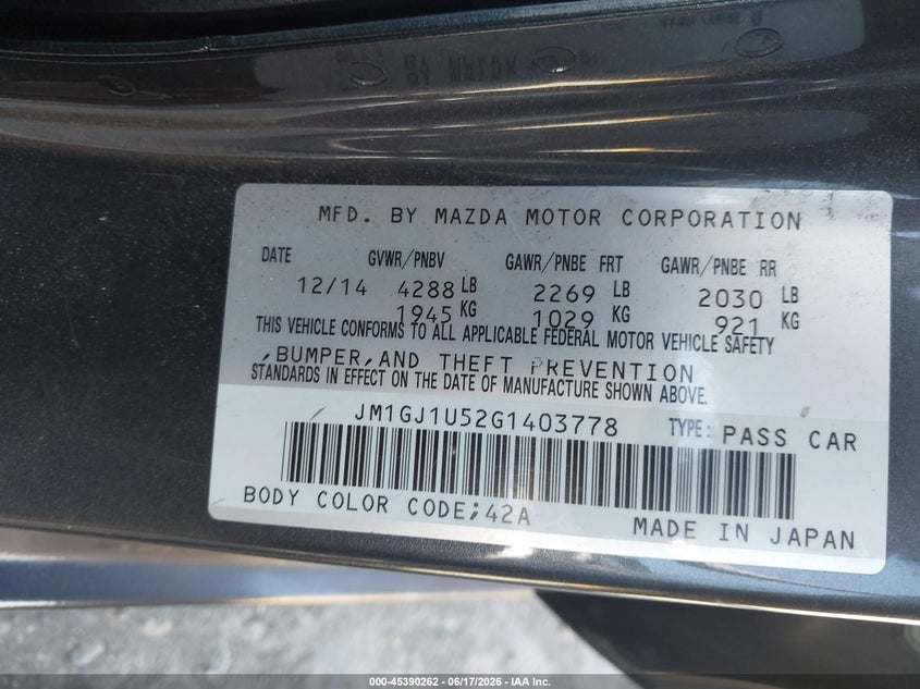 2016 Mazda VIN JM1GJ1U52G1403778 IAAI salvage auction — FRONT END, Salvage (California), sold $500 on 2026-07-10 (photo 9)