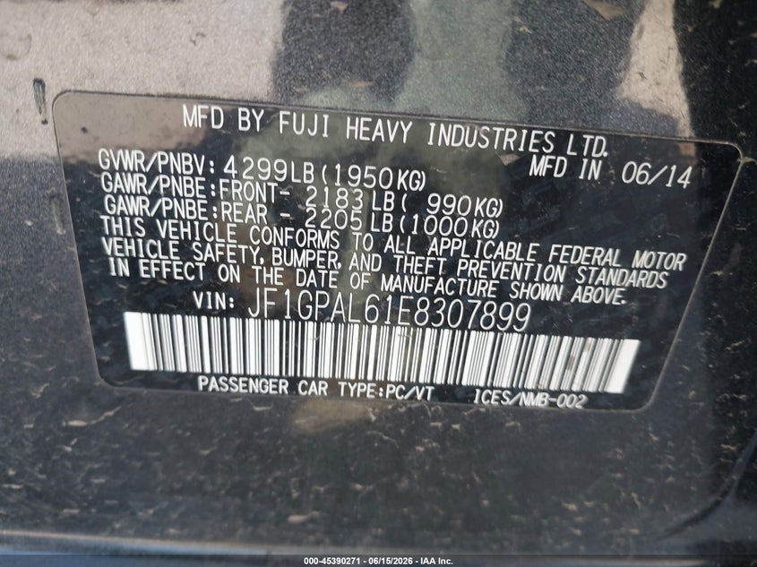 2014 Subaru Impreza VIN JF1GPAL61E8307899 IAAI salvage auction — NORMAL WEAR, Clear (Pennsylvania), sold $600 on 2026-07-24 (photo 9)
