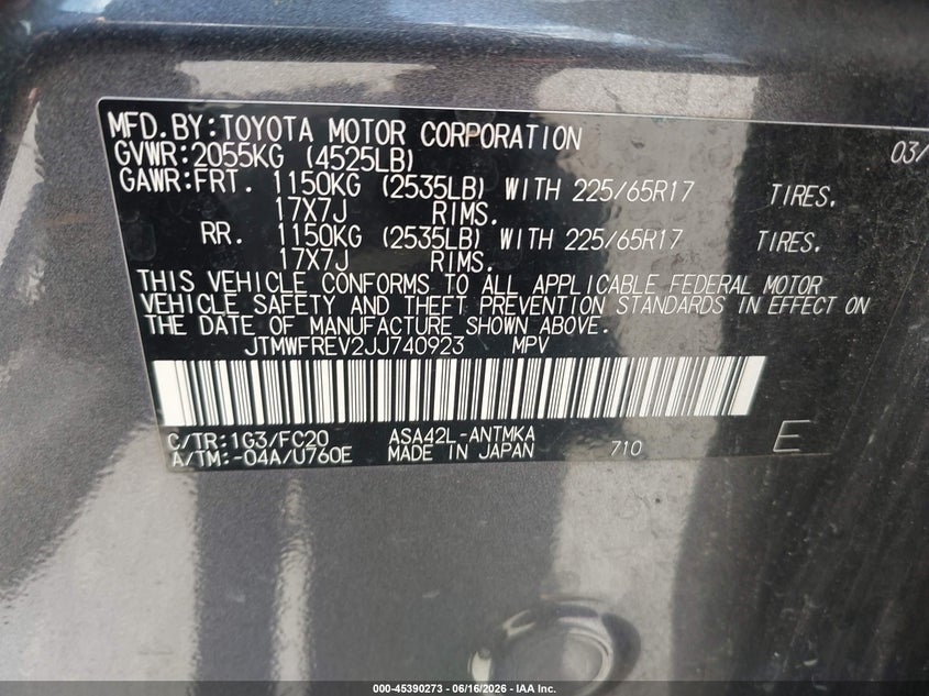 2018 Toyota Rav 4 VIN JTMWFREV2JJ740923 IAAI salvage auction — NORMAL WEAR, Original (Texas), sold $4,150 on 2026-07-29 (photo 9)