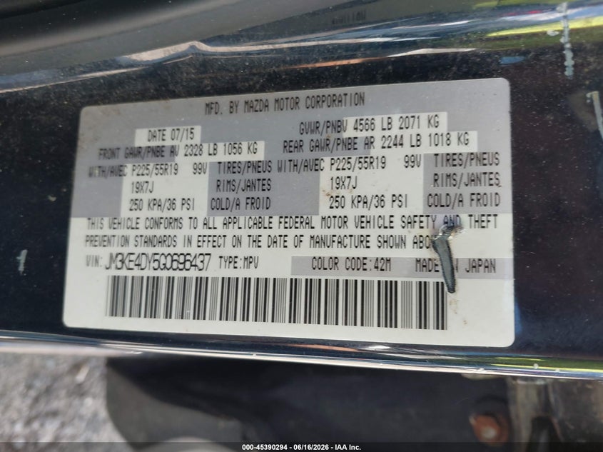 2016 Mazda Cx-5 VIN JM3KE4DY5G0696437 IAAI salvage auction — NORMAL WEAR, Clear (Massachusetts), sold $2,825 on 2026-07-17 (photo 9)