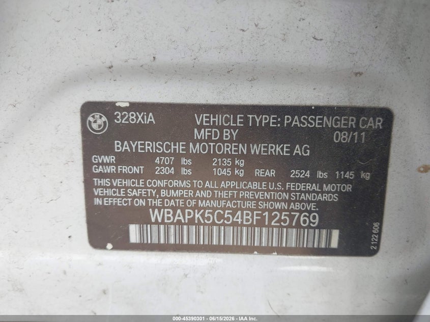 2011 BMW 3 series VIN WBAPK5C54BF125769 IAAI salvage auction — LEFT REAR, Clear (Florida), sold $300 on 2026-07-16 (photo 9)