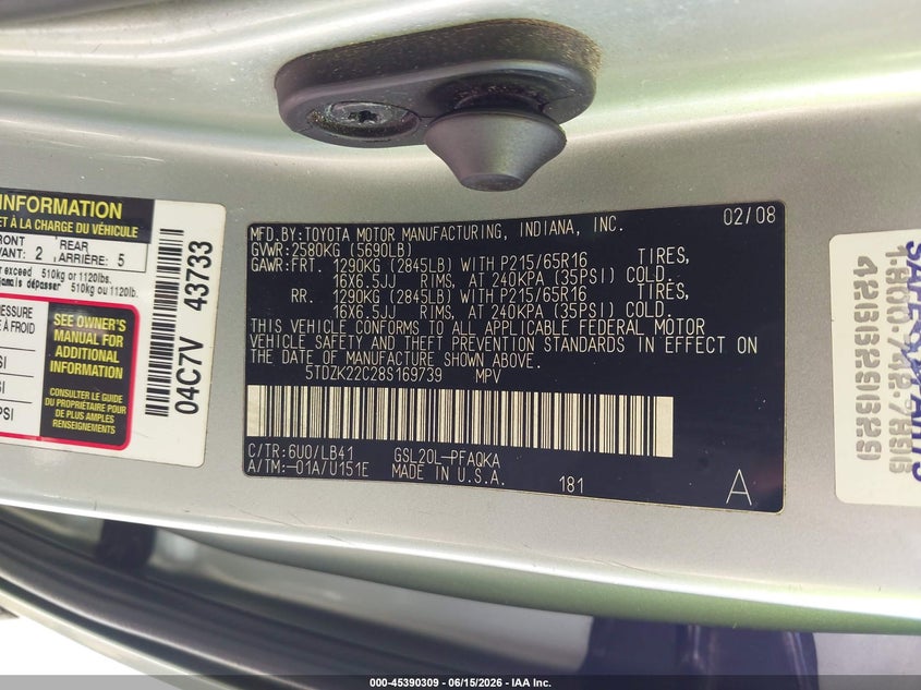 2008 Toyota Sienna VIN 5TDZK22C28S169739 IAAI salvage auction — NORMAL WEAR, Clear (Florida), sold $475 on 2026-07-09 (photo 9)
