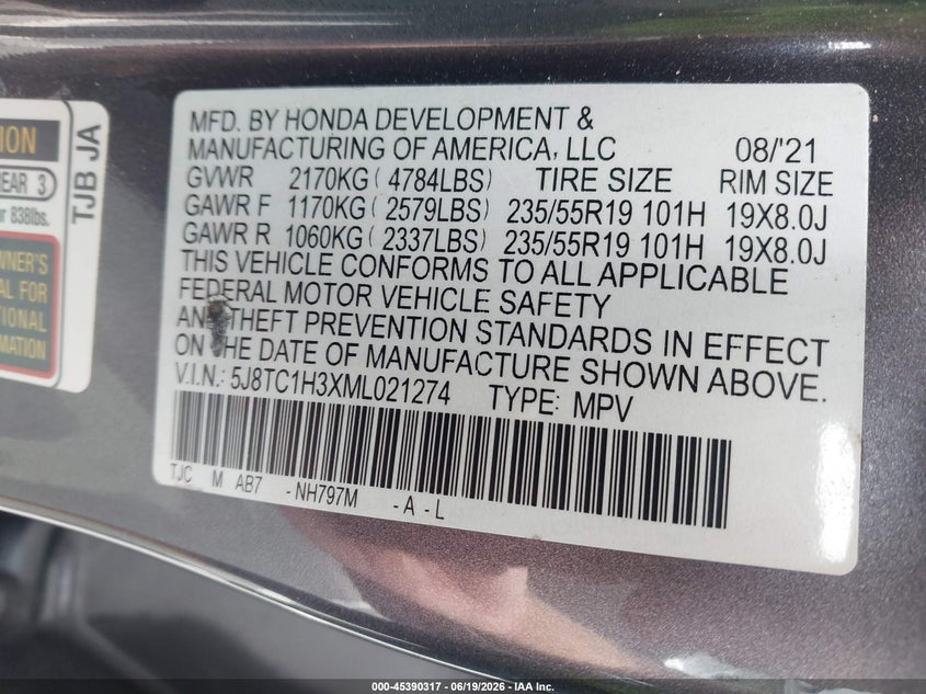 2021 Acura Rdx VIN 5J8TC1H3XML021274 IAAI salvage auction — RIGHT FRONT, Salvage (North Carolina), sold $5,900 on 2026-07-20 (photo 9)