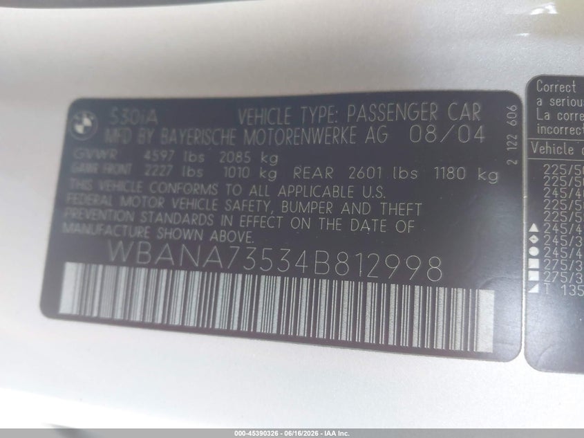 2004 BMW 5 series VIN WBANA73534B812998 IAAI salvage auction — NORMAL WEAR, Clear-Dealer Only (Arizona), sold $475 on 2026-07-21 (photo 9)