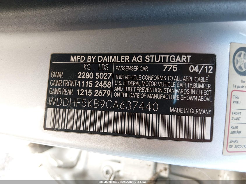 2012 Mercedes-benz E-klasse VIN WDDHF5KB9CA637440 IAAI salvage auction — NORMAL WEAR, Clear (Indiana), sold $1,400 on 2026-07-08 (photo 9)