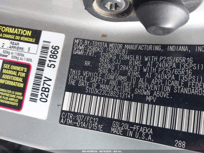 2008 Toyota Sienna VIN 5TDZK23C28S213141 IAAI salvage auction — NORMAL WEAR, Original (Texas), sold $1,025 on 2026-07-13 (photo 9)