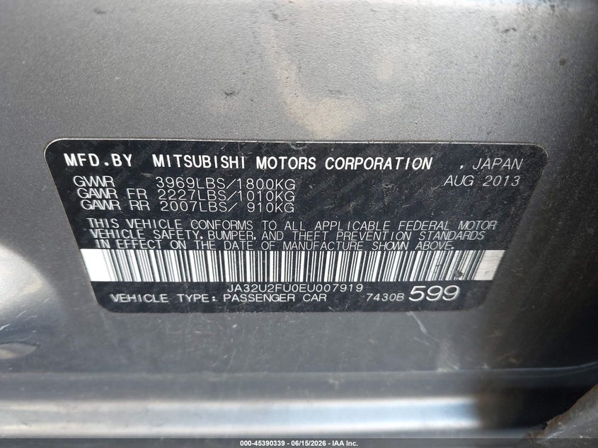 2014 Mitsubishi Lancer VIN JA32U2FU0EU007919 IAAI salvage auction — NORMAL WEAR, Clear (Virginia), sold $675 on 2026-07-10 (photo 9)