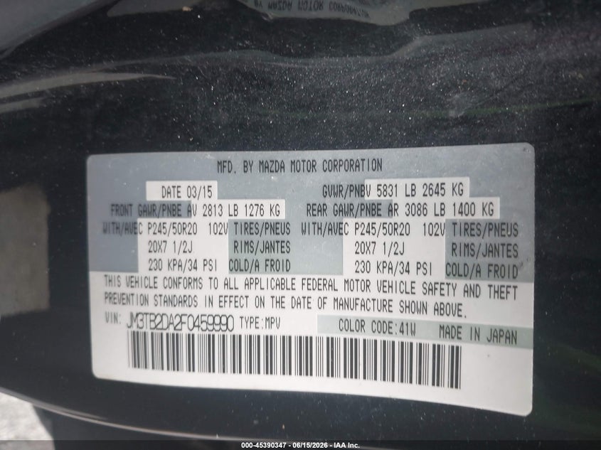 2015 Mazda Cx-9 VIN JM3TB2DA2F0459990 IAAI salvage auction — NORMAL WEAR, Clear (Florida), sold $1,200 on 2026-07-13 (photo 9)
